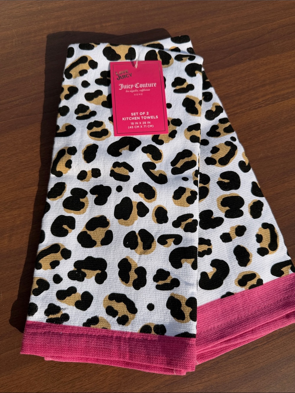 Juicy Couture White Leopard Print Kitchen Towels with Pink Trim
